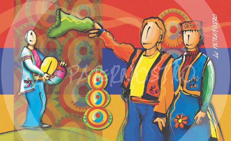 Ilustração "Armênios e a Dança Kochari", da série "Imigrantes do Brasil". 
 Copyright Lu Paternostro. Proibida cópia, uso ou reprodução desta imagem sem a autorização da artista. 
