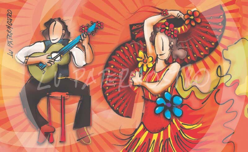 Ilustração "Espanhóis e o Flamenco", da série "Imigrantes do Brasil". 
 Copyright Lu Paternostro. Proibida cópia, uso ou reprodução desta imagem sem a autorização da artista. 