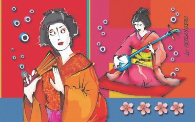 Ilustração “Japoneses e a Dança Ruykyo Buyo”. Imigrantes Brasileiros. Série Traços do Brasil