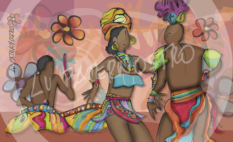 Ilustração "Africanos Bantus e o Jongo", da série "Imigrantes Brasileiros. 
 Copyright Lu Paternostro. Proibida cópia, uso ou reprodução desta imagem sem a autorização da artista. 