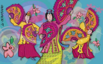 Ilustração Coreanos e a Dança Buchaechum ou Dança dos Leques. Série Imigrantes Brasileiros.