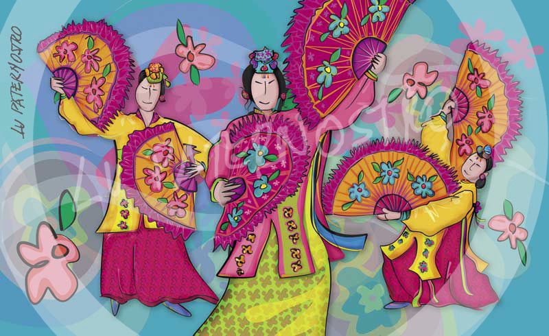 Ilustração "Coreanos e a Dança dos Leques", da série "Imigrantes Brasileiros. 
 Copyright Lu Paternostro. Proibida cópia, uso ou reprodução desta imagem sem a autorização da artista. 
